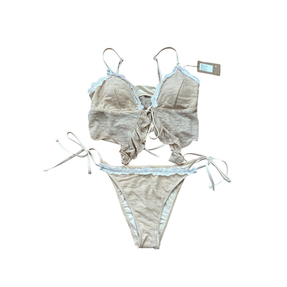 Samiol Bikini Set Women Beige Lace Trim‎ Pointelle Boho Two Piece NWT SIZE XL
